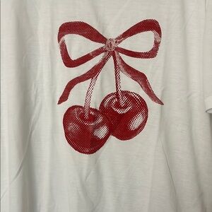 White Tee with Red Cherry Bow Design NWOTS